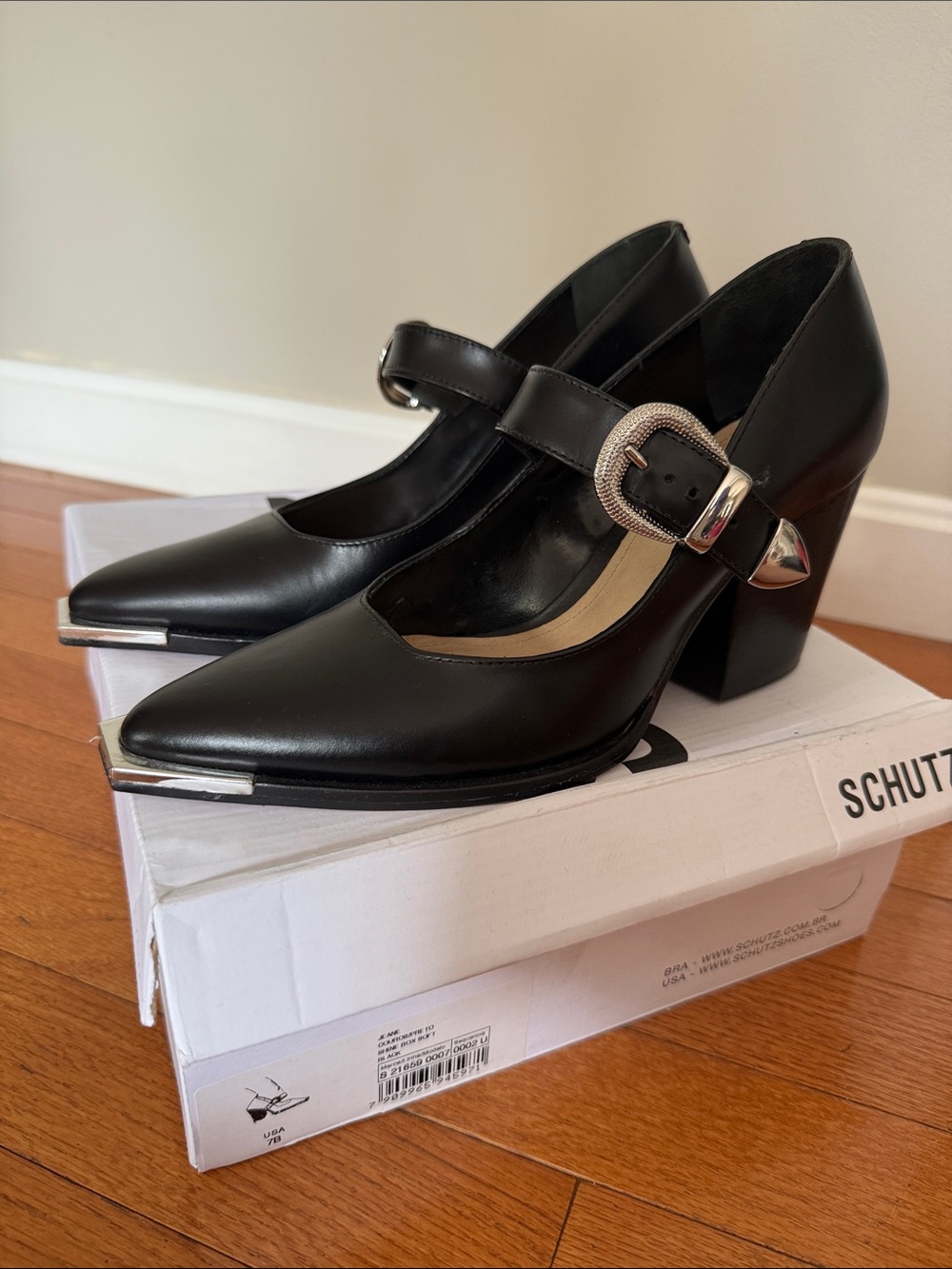 SCHUTZ  Jeane Black Leather Pointed Mary Jane Pumps with Silver Buckle